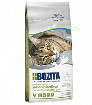 Bozita Feline Indoor & Sterilised Chicken - sausā barība kaķiem 2kg. Cena norādīta par 1 gb. un ir spēkā pasūtot 2 gb.